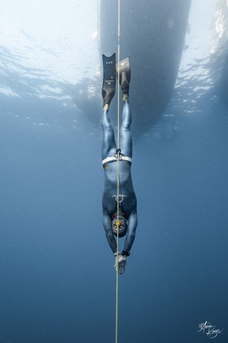Freediver die langs een lijn afdaalt